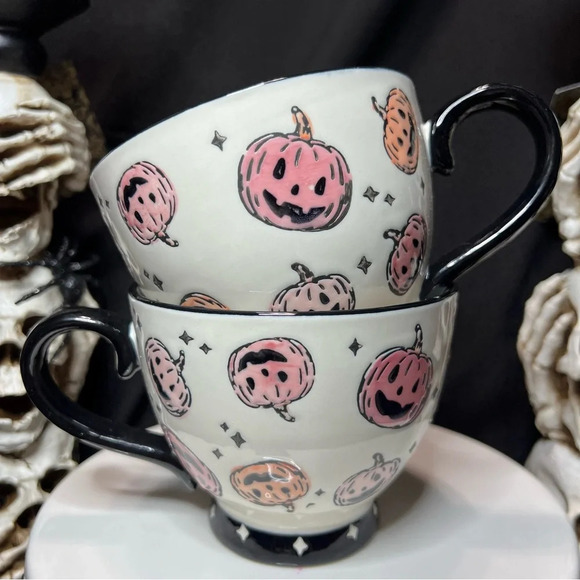 Potters Studio 2024 Halloween Spooky Seaon Ceramic Pink Black Pumpkin Mugs x2 - Picture 2 of 14